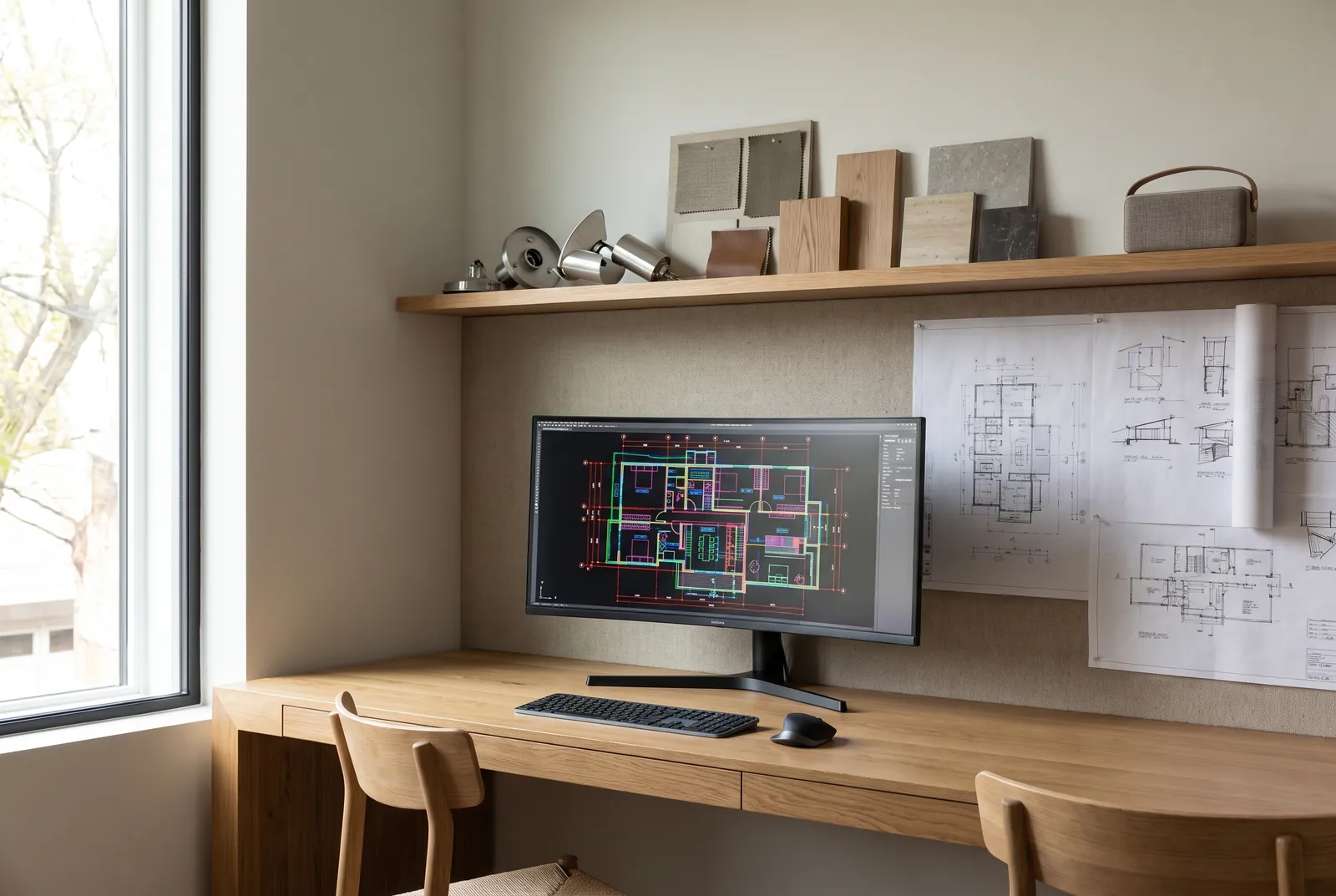 A design studio desk with a colour-coded technical floor plan on a monitor, drawing sheets pinned to the wall and material and fitting samples on a shelf.