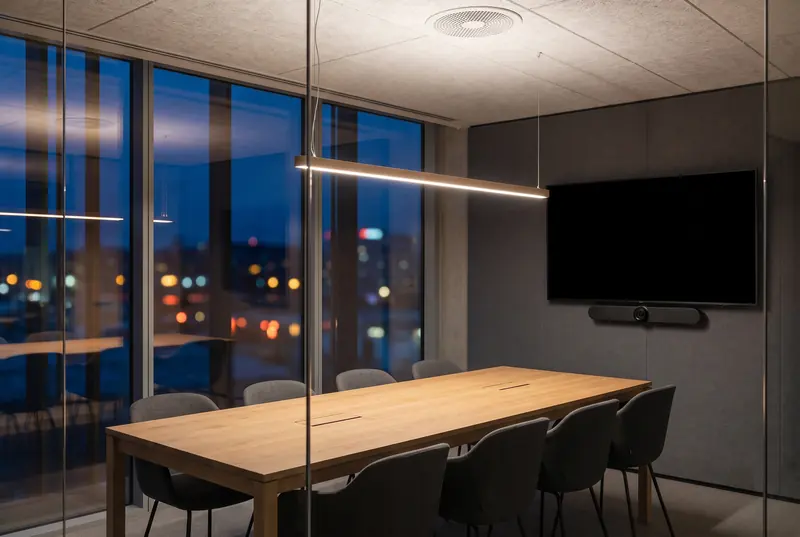 A glass-walled meeting room at dusk with a conferencing camera under a wall display and a ceiling microphone.