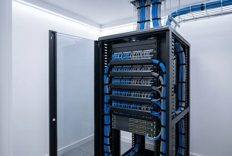 A neatly dressed network rack with patch panels and switches.