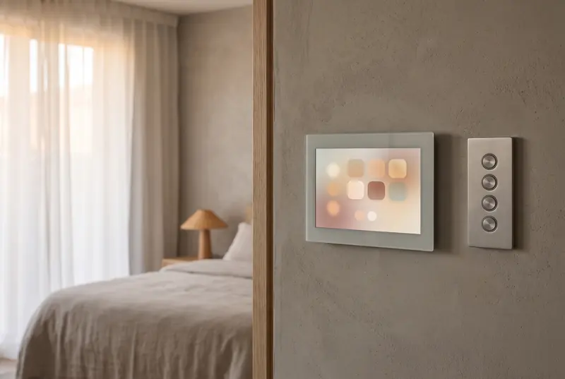 A wall-mounted touch panel and keypad beside a bedroom doorway.