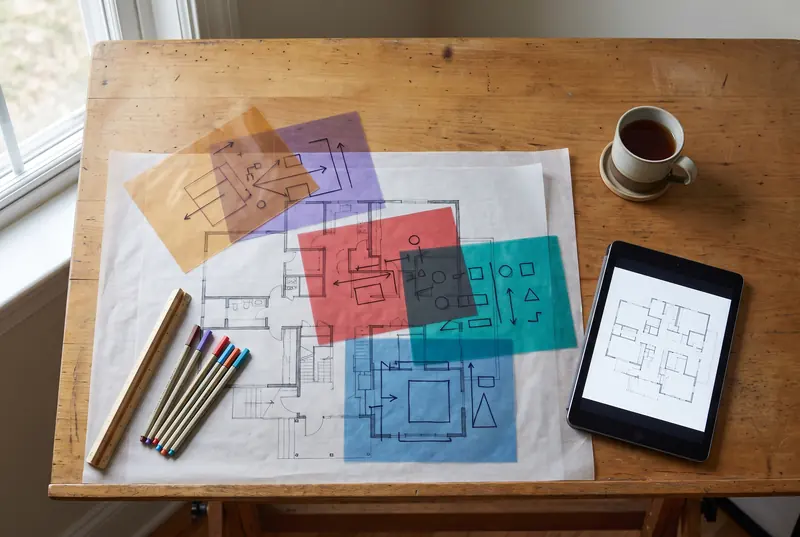 A drafting table with layered coloured system drawings over a floor plan, pens, a scale ruler and a tablet.