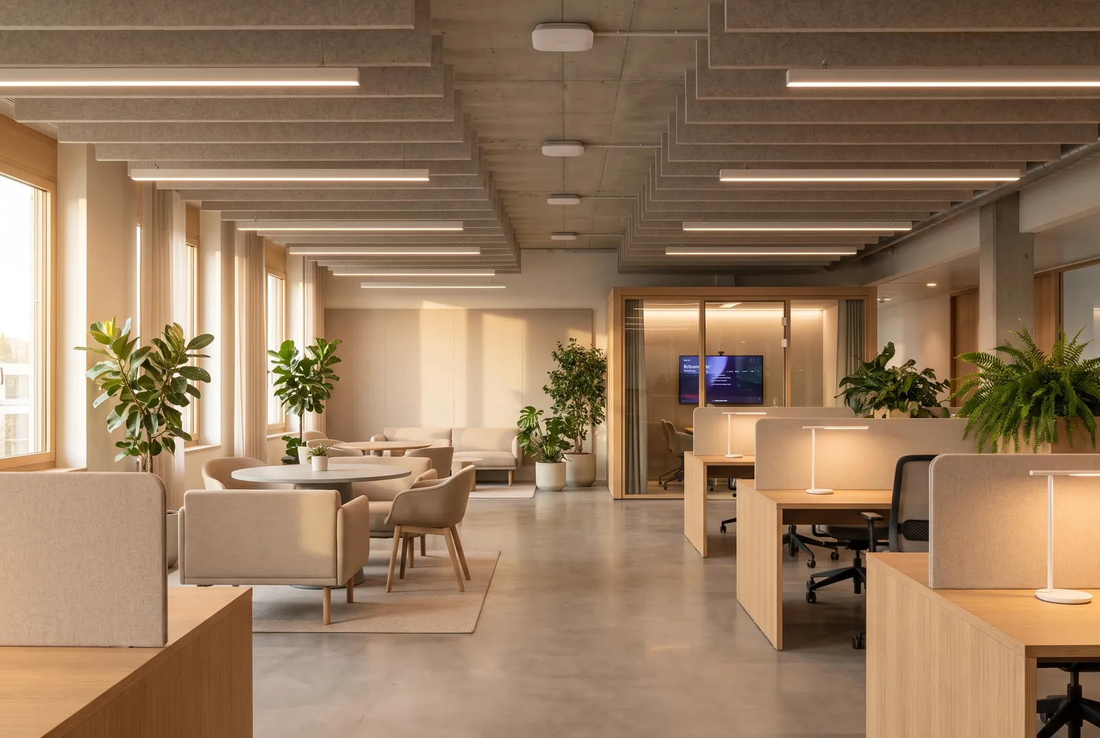 An open-plan office with linear ceiling lights, desks with task lamps, a lounge corner and a glass meeting room with a display on the wall.