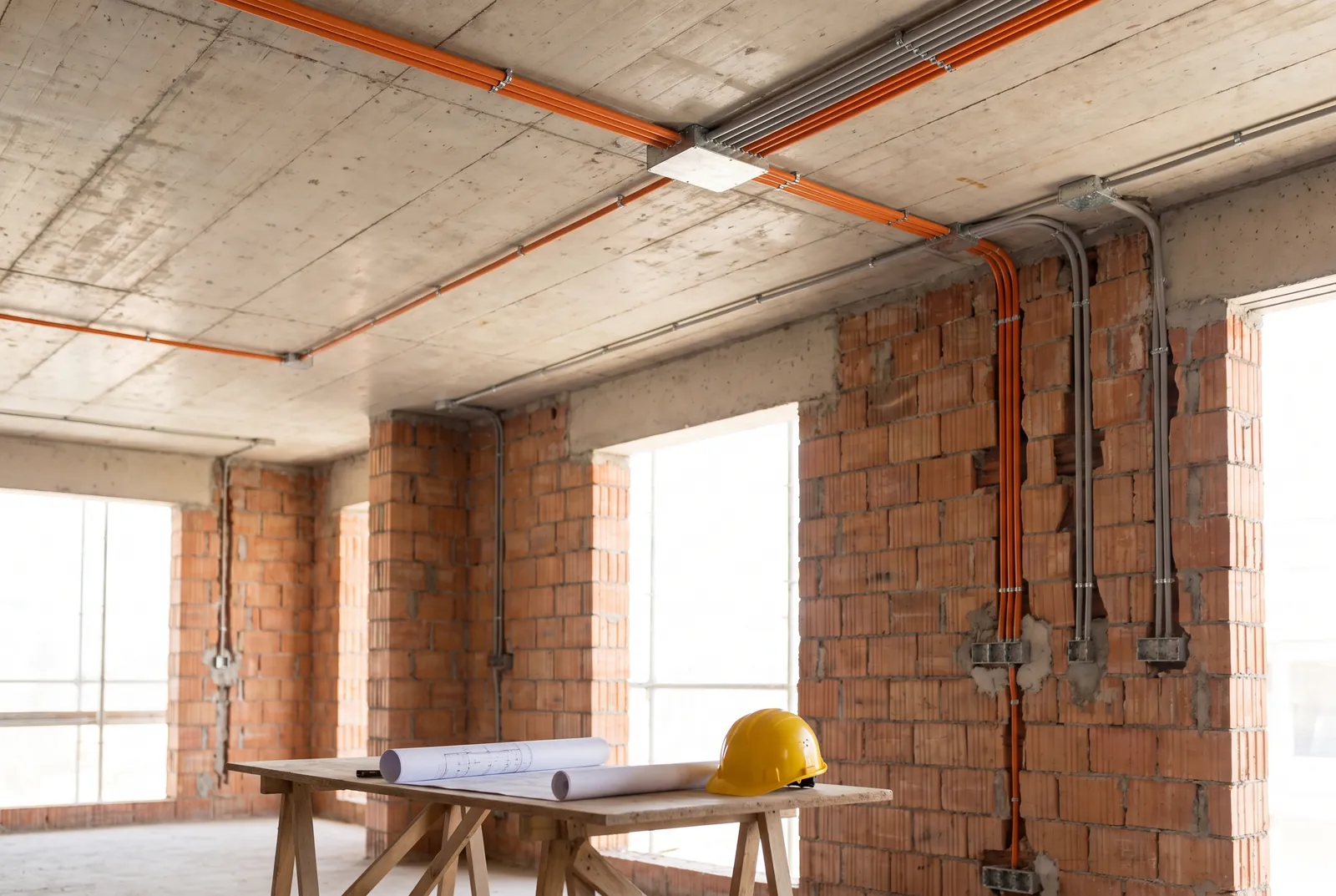 An unfinished room with orange conduits fixed across the concrete ceiling and down the brick walls, and a trestle table with drawings and a hard hat.